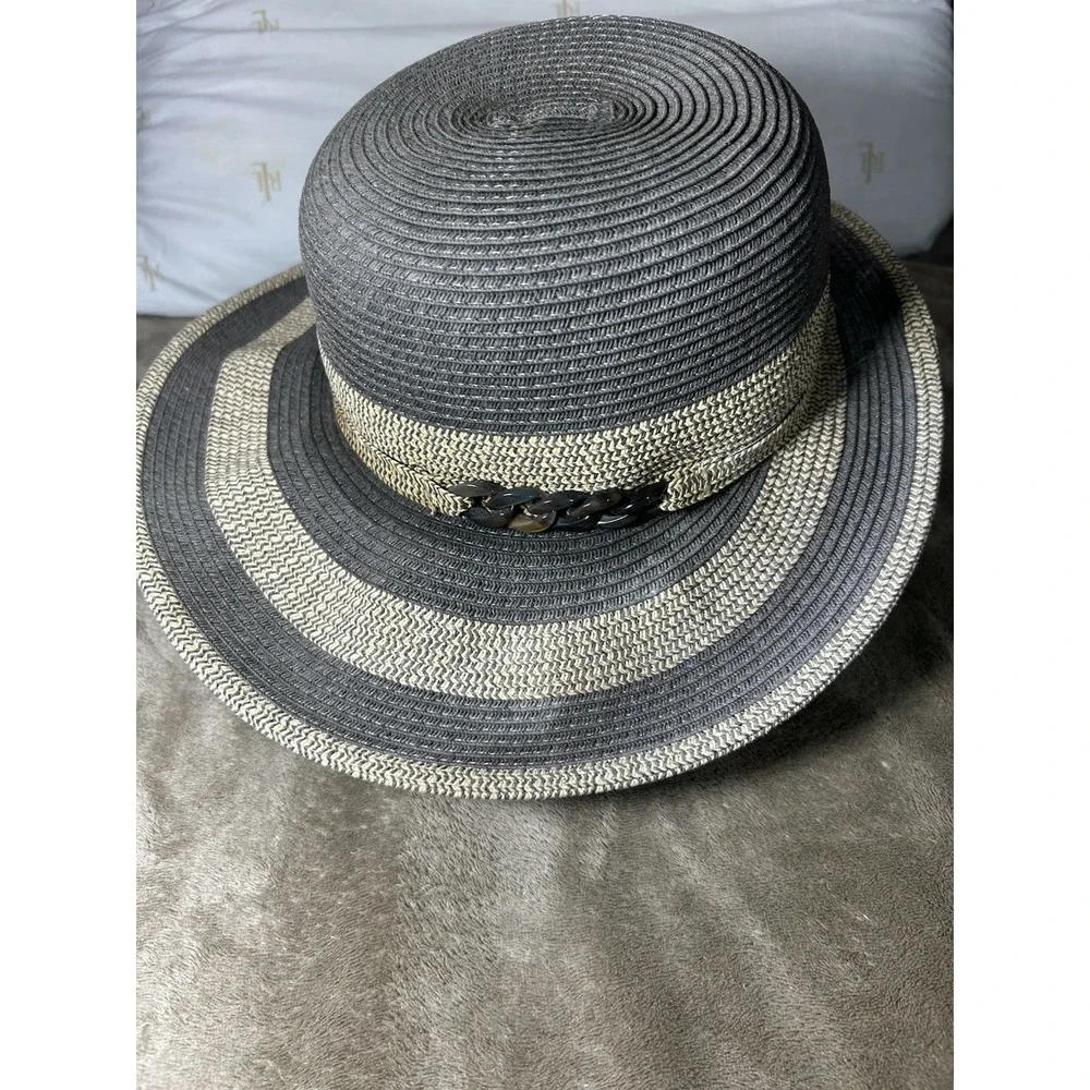 Sun N Sand Headwear Womens Boater Sun Hat‎ Black Tan Striped Wide Brim OS